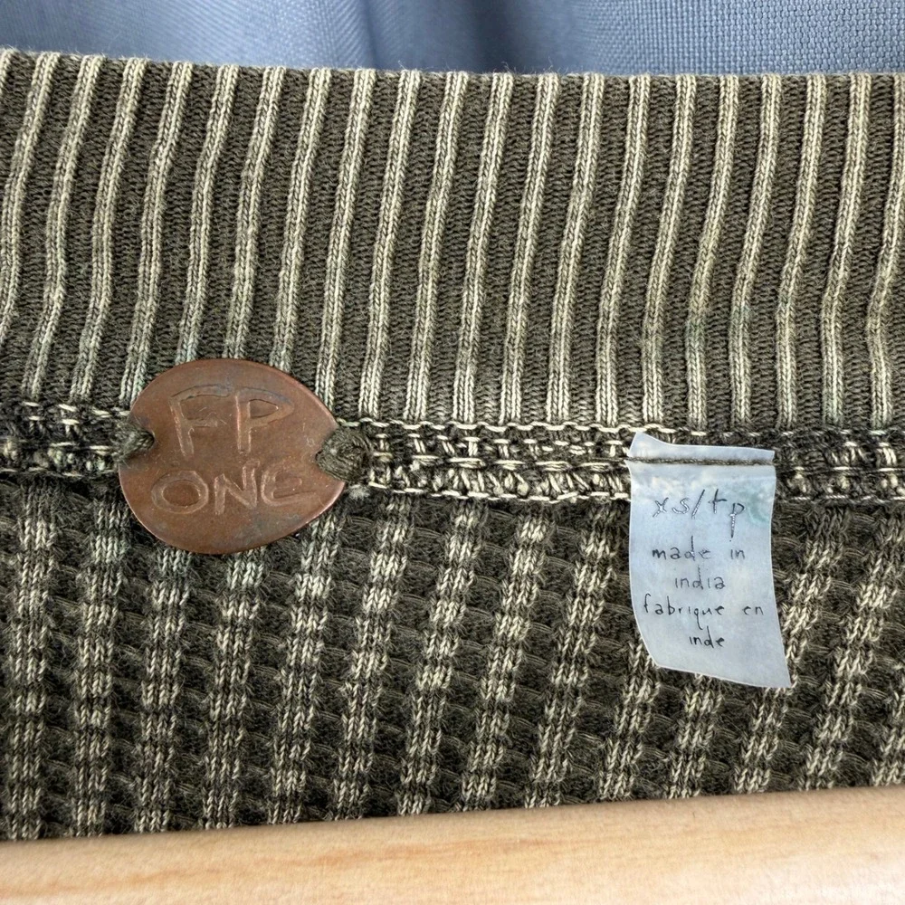 Free People FP One Thermal Top Size XS Olive Green Side Tie Fringe Waffle Knit